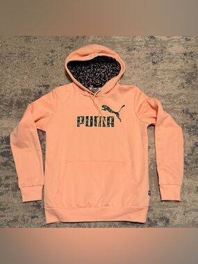 Puma Peach Hoodie Leopard Logo & Lined Hood Size S Women’s Pullover Sweatshirt